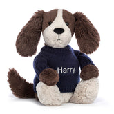 Bashful Fudge Puppy with Personalized Navy Jumper - Jellycat For Sale