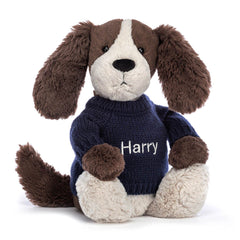 Bashful Fudge Puppy with Personalized Navy Jumper - Jellycat For Sale