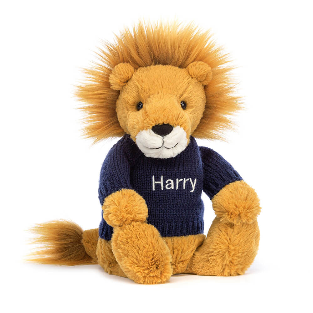 Bashful Lion with Personalized Navy Jumper - Jellycat For Sale