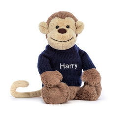 Bashful Monkey with Personalized Navy Jumper - Jellycat Sale