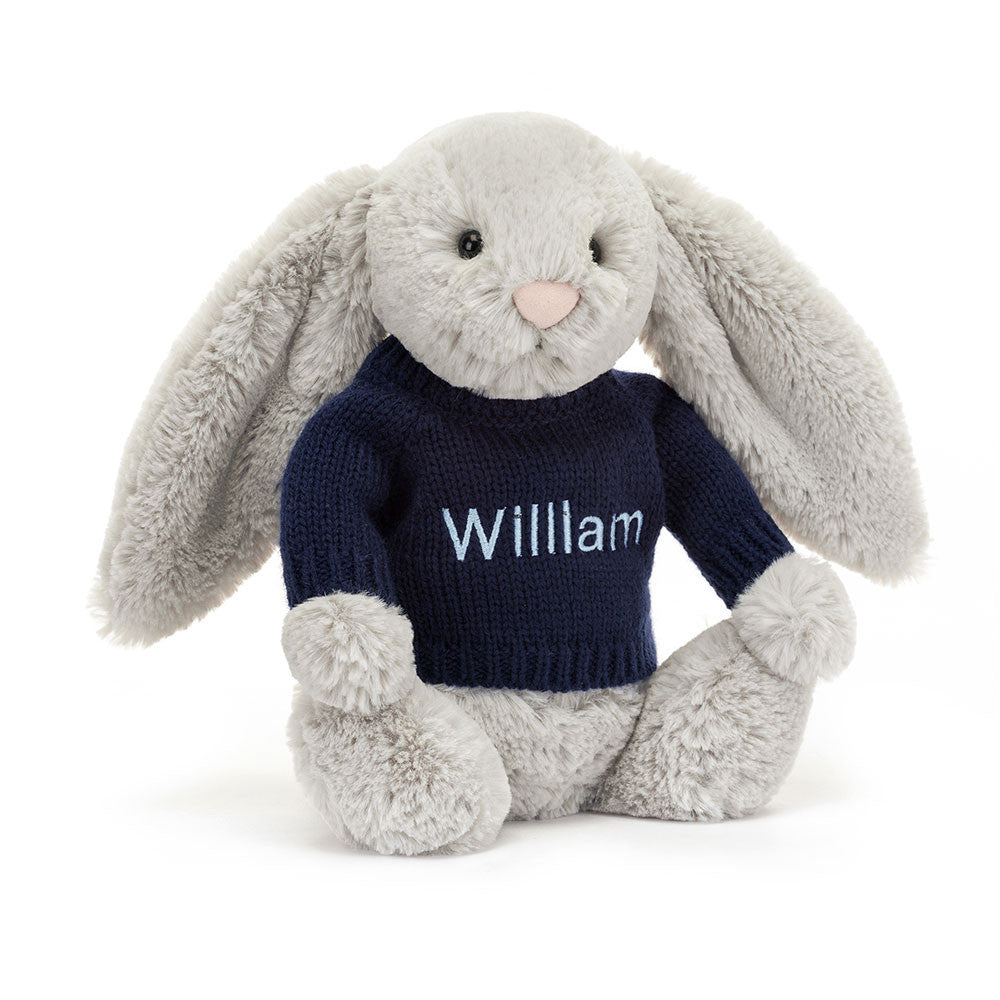 Bashful Silver Bunny with Personalized Navy Jumper - Jellycat Online