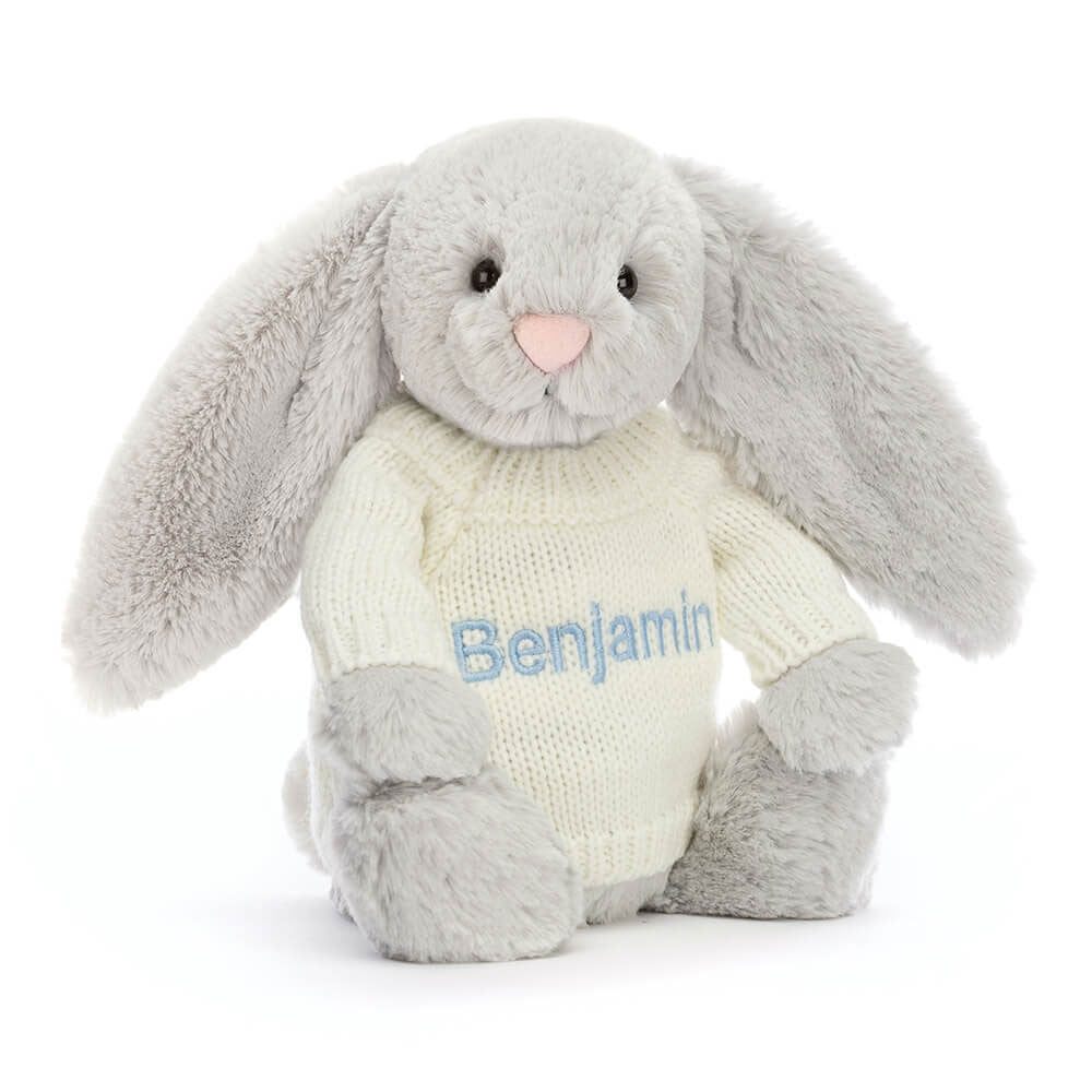 Bashful Silver Bunny with Personalized Cream Jumper - Jellycat For Sale