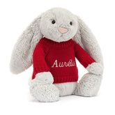 Bashful Silver Bunny with Personalized Red Jumper - Jellycat