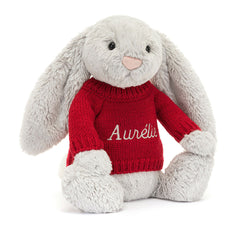 Bashful Silver Bunny with Personalized Red Jumper - Jellycat