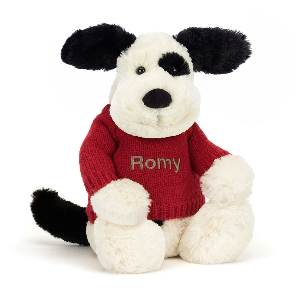 Bashful Black & Cream Puppy with Personalized Red Jumper - Jellycat