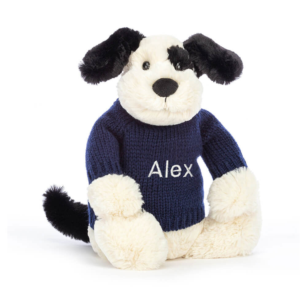 Bashful Black & Cream Puppy with Personalized Navy Jumper - Jellycat For Sale
