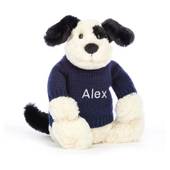 Bashful Black & Cream Puppy with Personalized Navy Jumper - Jellycat For Sale