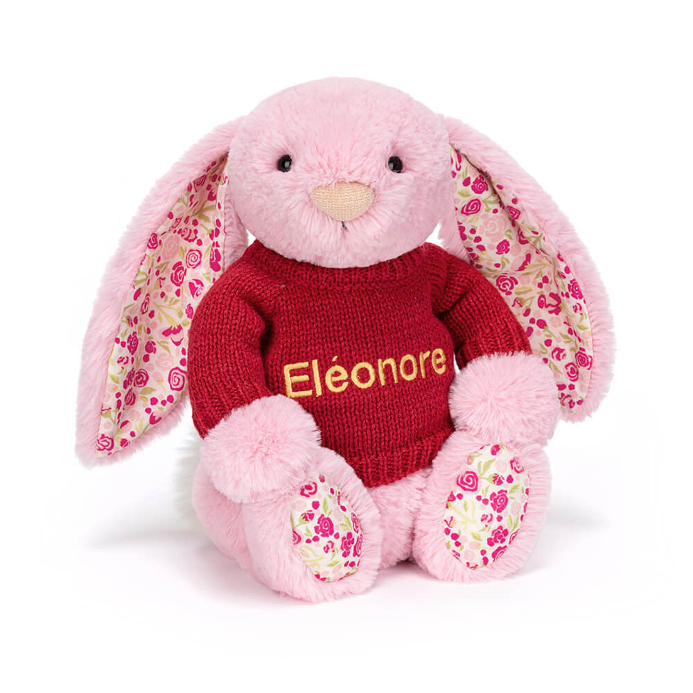 Blushkin Blossom Luxe Bunny with Personalized Red Jumper - Jellycat For Sale