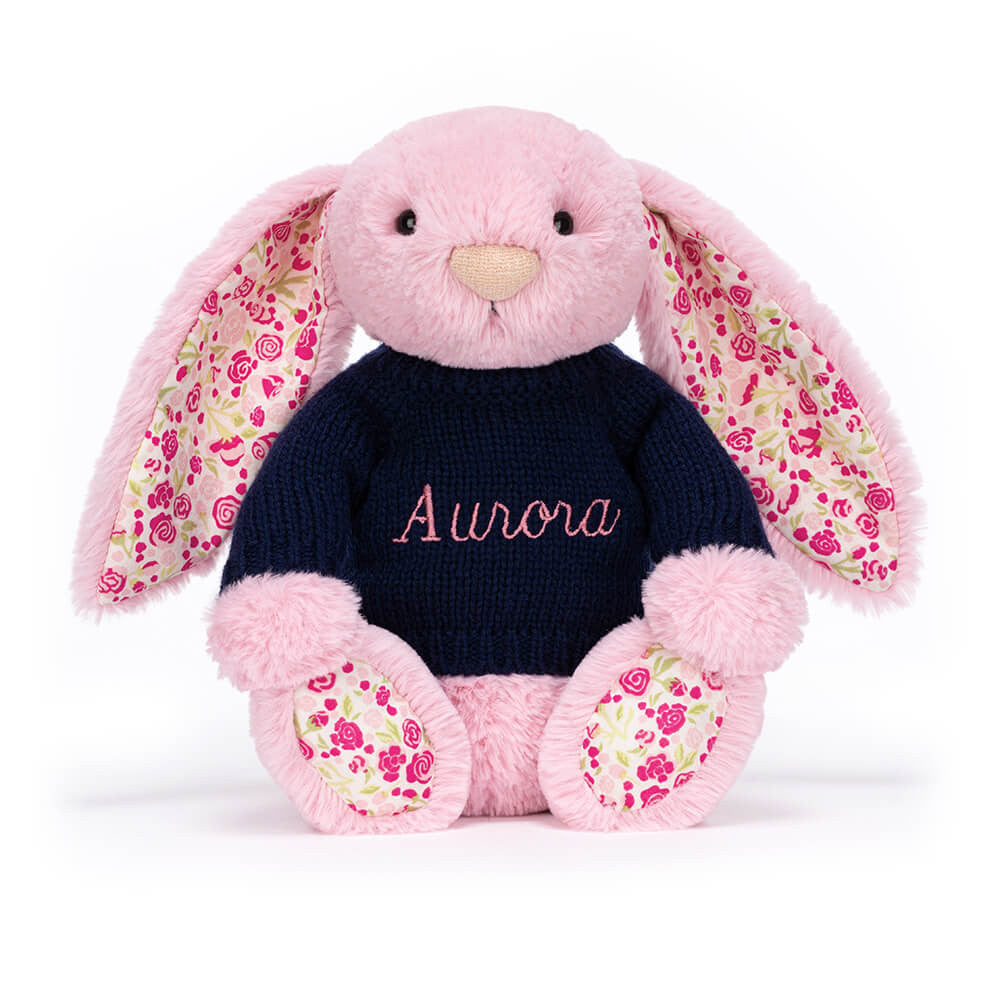 Blushkin Blossom Luxe Bunny with Personalized Navy Jumper - Jellycat Online