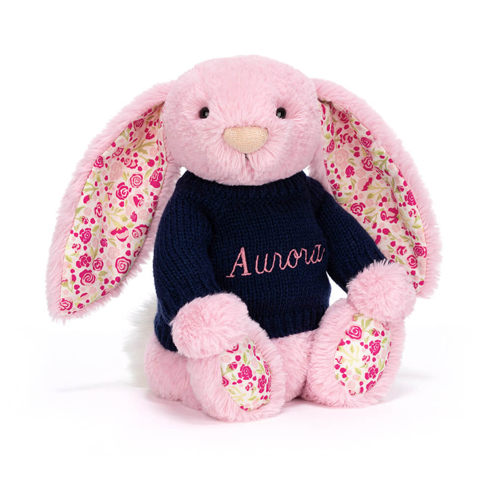 Blushkin Blossom Luxe Bunny with Personalized Navy Jumper - Jellycat Online