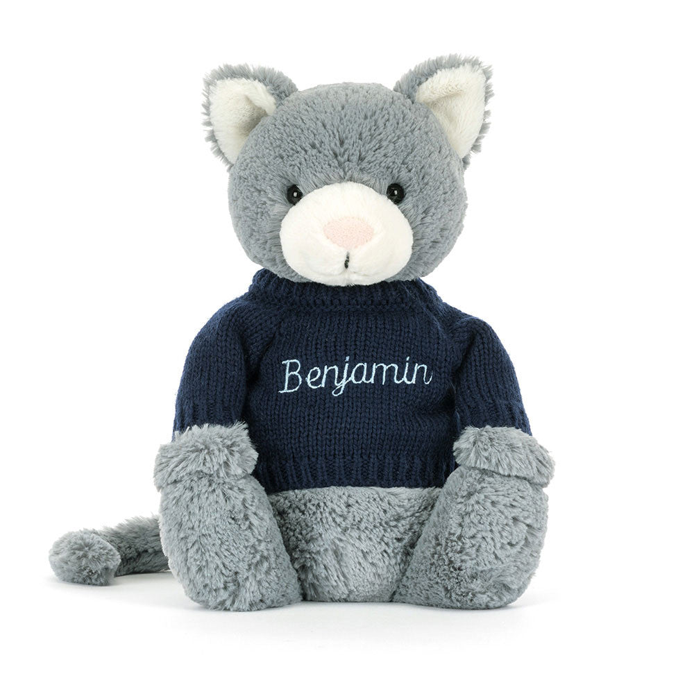 Bashful Kitten with Personalized Navy Jumper - Jellycat