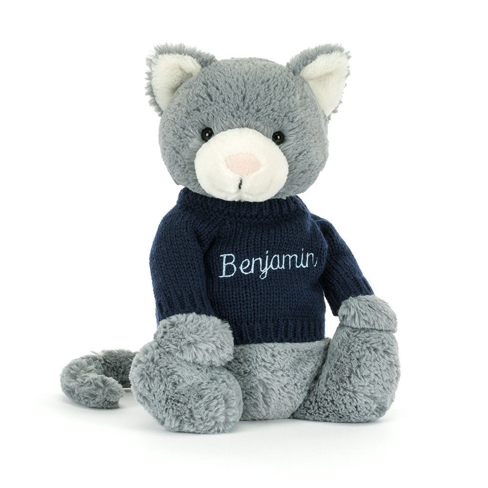 Bashful Kitten with Personalized Navy Jumper - Jellycat