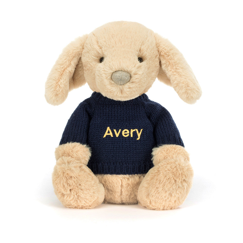 Bashful Luxe Puppy Orlando with Personalized Navy Jumper - Jellycat Discount
