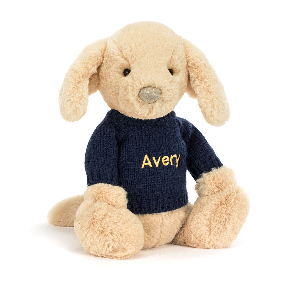 Bashful Luxe Puppy Orlando with Personalized Navy Jumper - Jellycat Discount