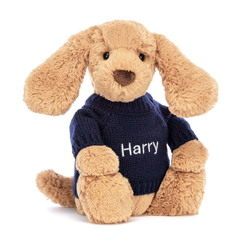 Bashful Toffee Puppy with Personalized Navy Jumper - Jellycat Discount