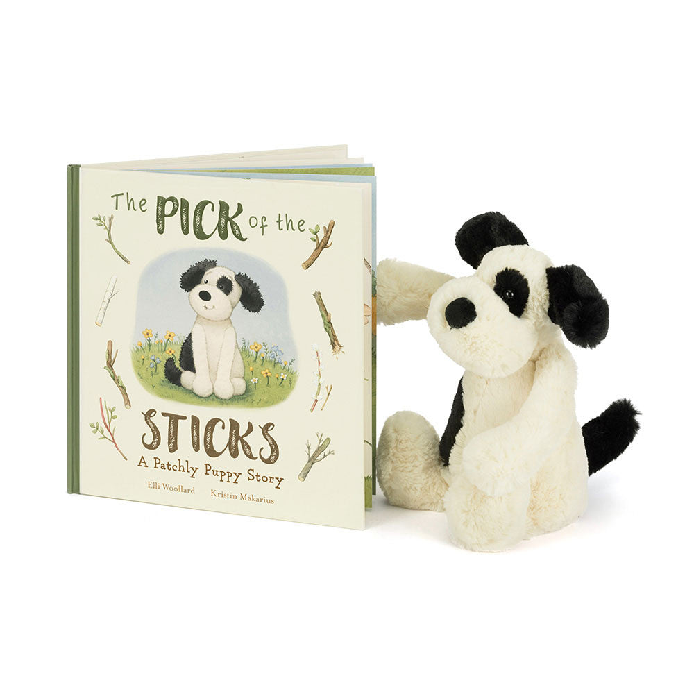 The Pick of the Sticks Book and Bashful Black & Cream Puppy Medium - Jellycat For Sale