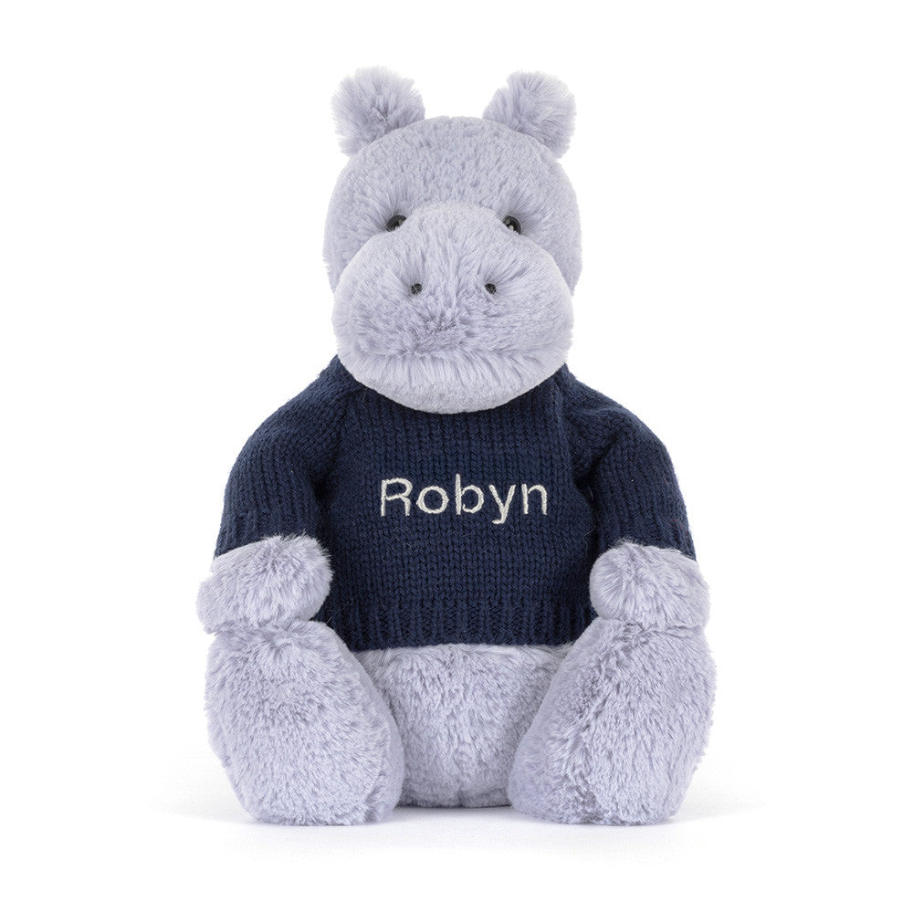 Bashful Hippo with Personalized Navy Jumper - Jellycat Sale