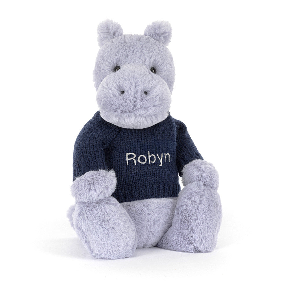 Bashful Hippo with Personalized Navy Jumper - Jellycat Sale