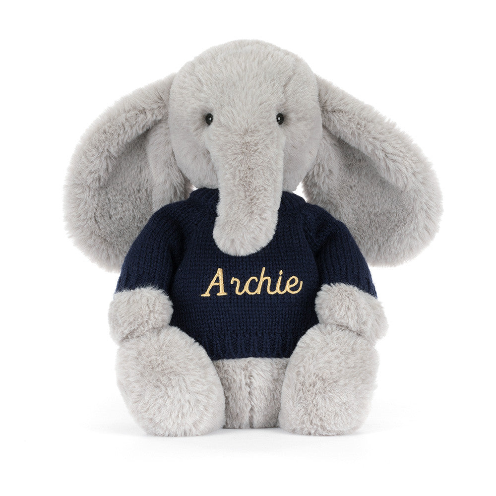 Bashful Luxe Elephant Thuddeus with Personalized Navy Jumper - Jellycat Online