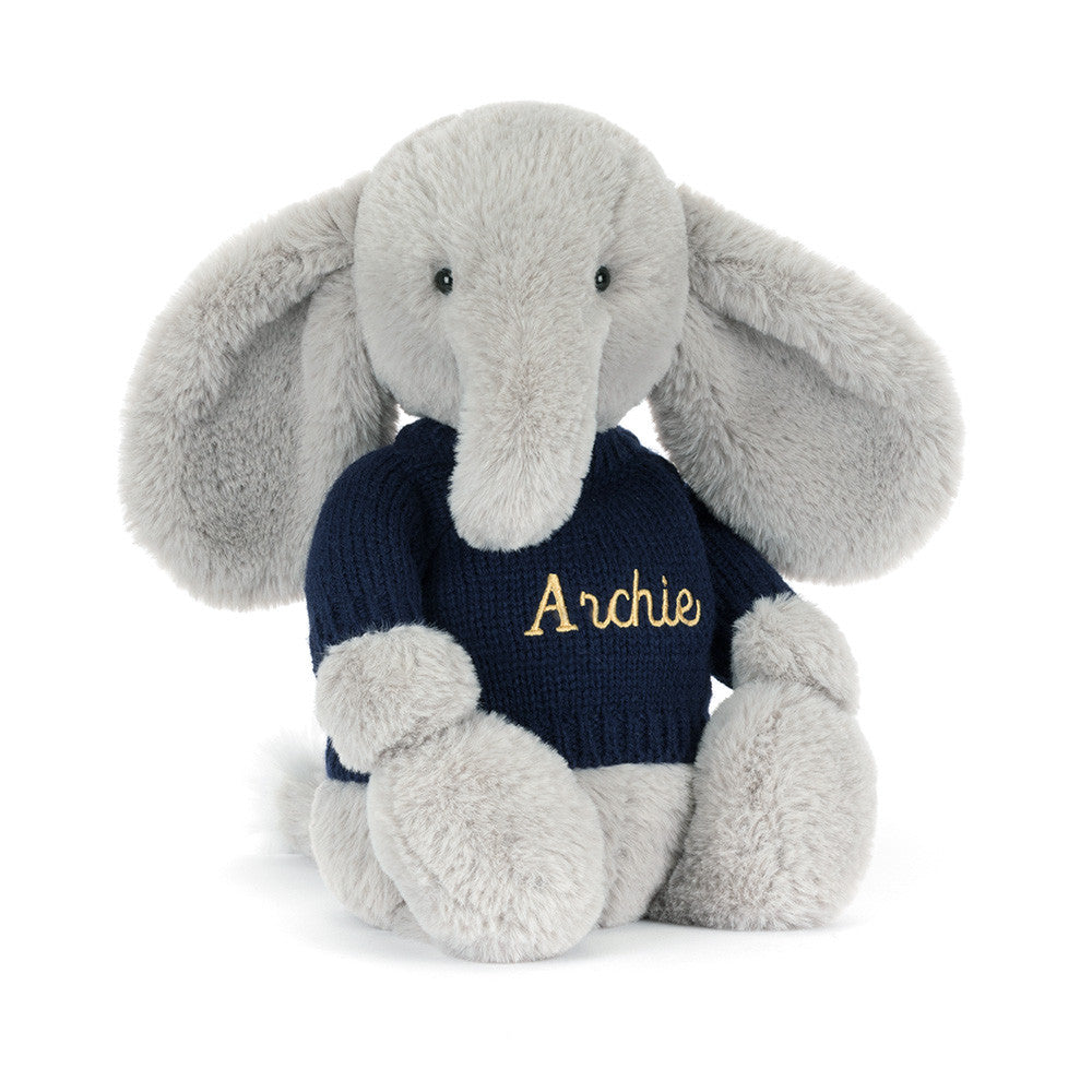 Bashful Luxe Elephant Thuddeus with Personalized Navy Jumper - Jellycat Online