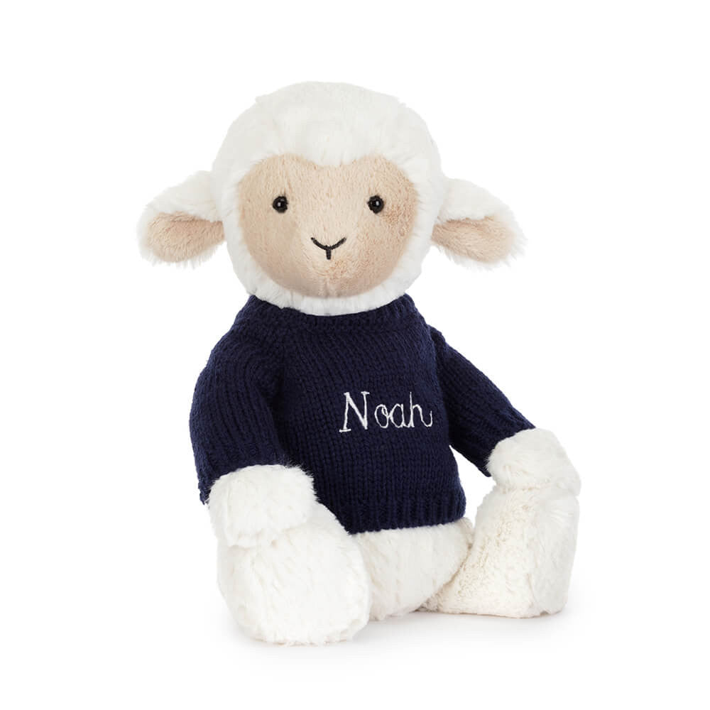 Skipson Lamb with Personalized Navy Jumper - Jellycat For Sale