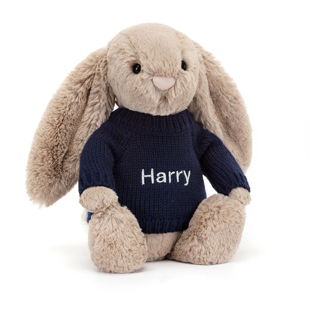 Bashful Beige Bunny with Personalized Navy Jumper - Jellycat Sale