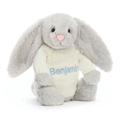 Bashful Silver Bunny with Personalized Cream Jumper - Jellycat For Sale