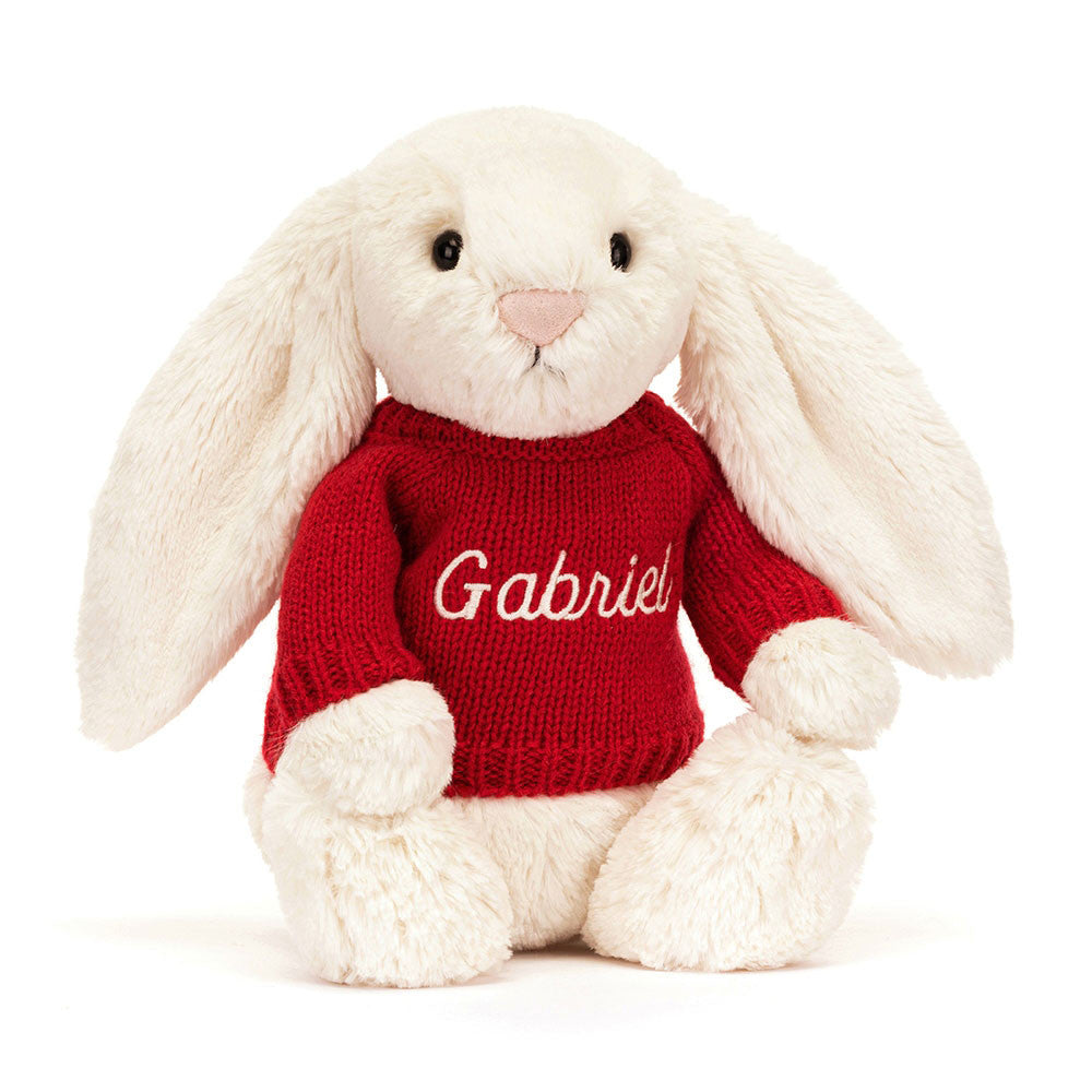 Bashful Cream Bunny with Personalized Red Jumper - Jellycat For Sale