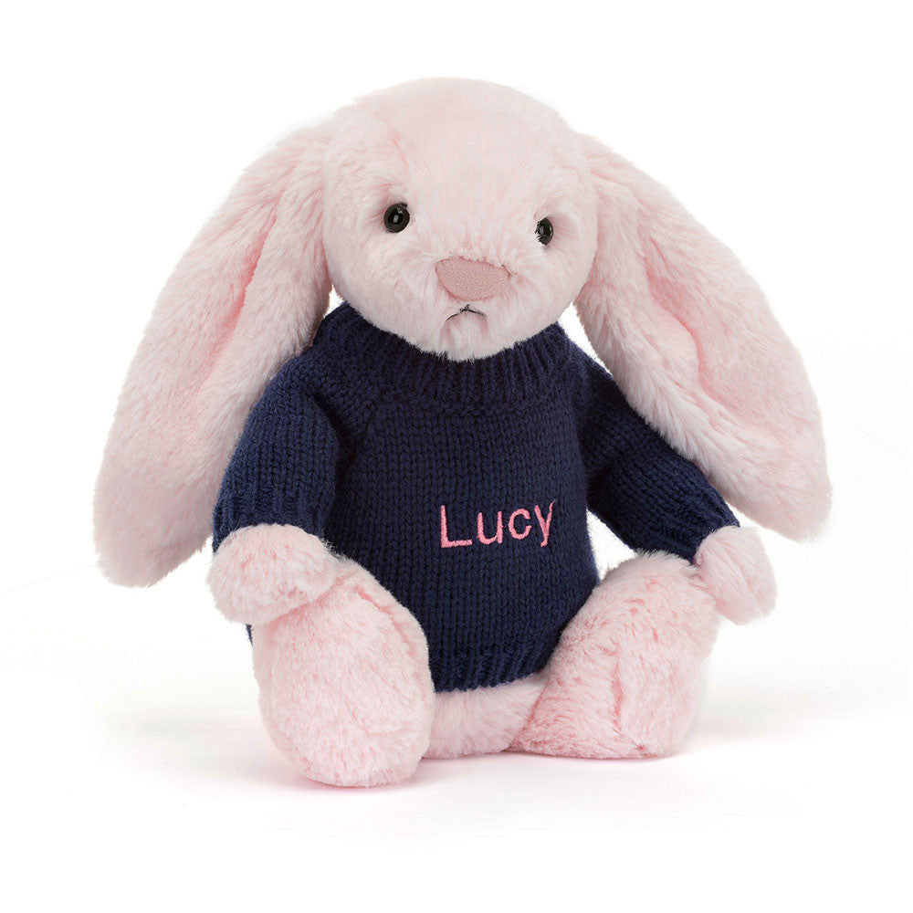 Bashful Pink Bunny with Personalized Navy Jumper - Jellycat Sale