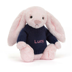 Bashful Pink Bunny with Personalized Navy Jumper - Jellycat Sale