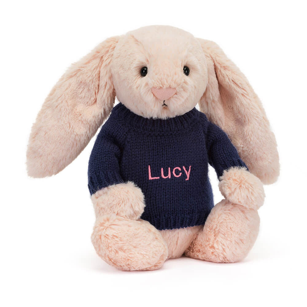 Bashful Blush Bunny with Personalized Navy Jumper - Jellycat Online