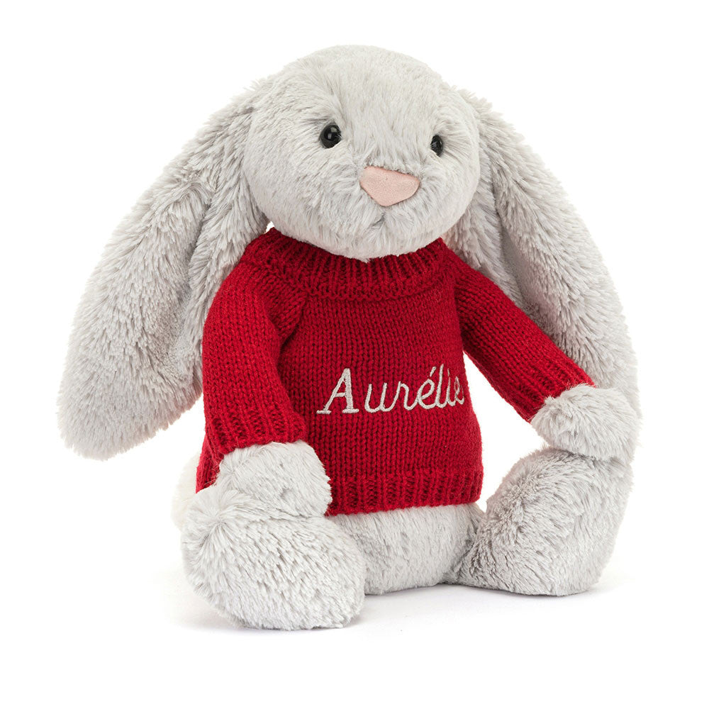 Bashful Silver Bunny with Personalized Red Jumper - Jellycat