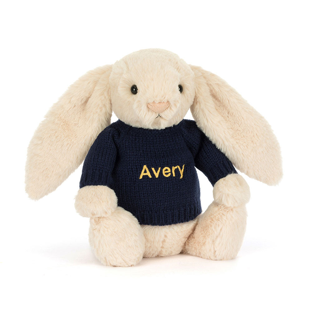 Bashful Luxe Bunny Willow with Personalized Navy Jumper - Jellycat
