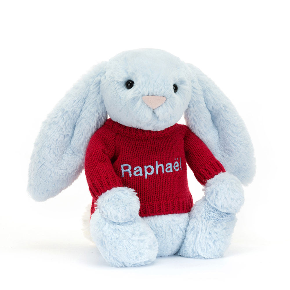 Bashful Blue Bunny with Personalized Red Jumper - Jellycat Sale