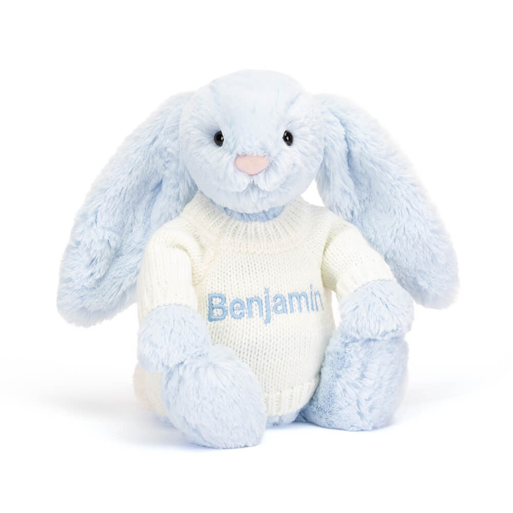 Bashful Blue Bunny with Personalized Cream Jumper - Jellycat