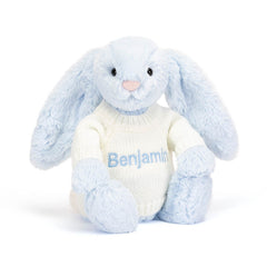 Bashful Blue Bunny with Personalized Cream Jumper - Jellycat