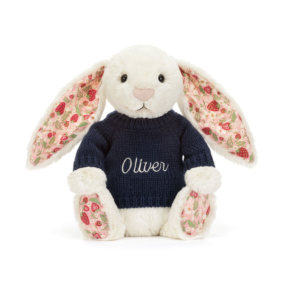 Blossom Cream Bunny 'Berry' with Personalized Navy Jumper - Jellycat Online