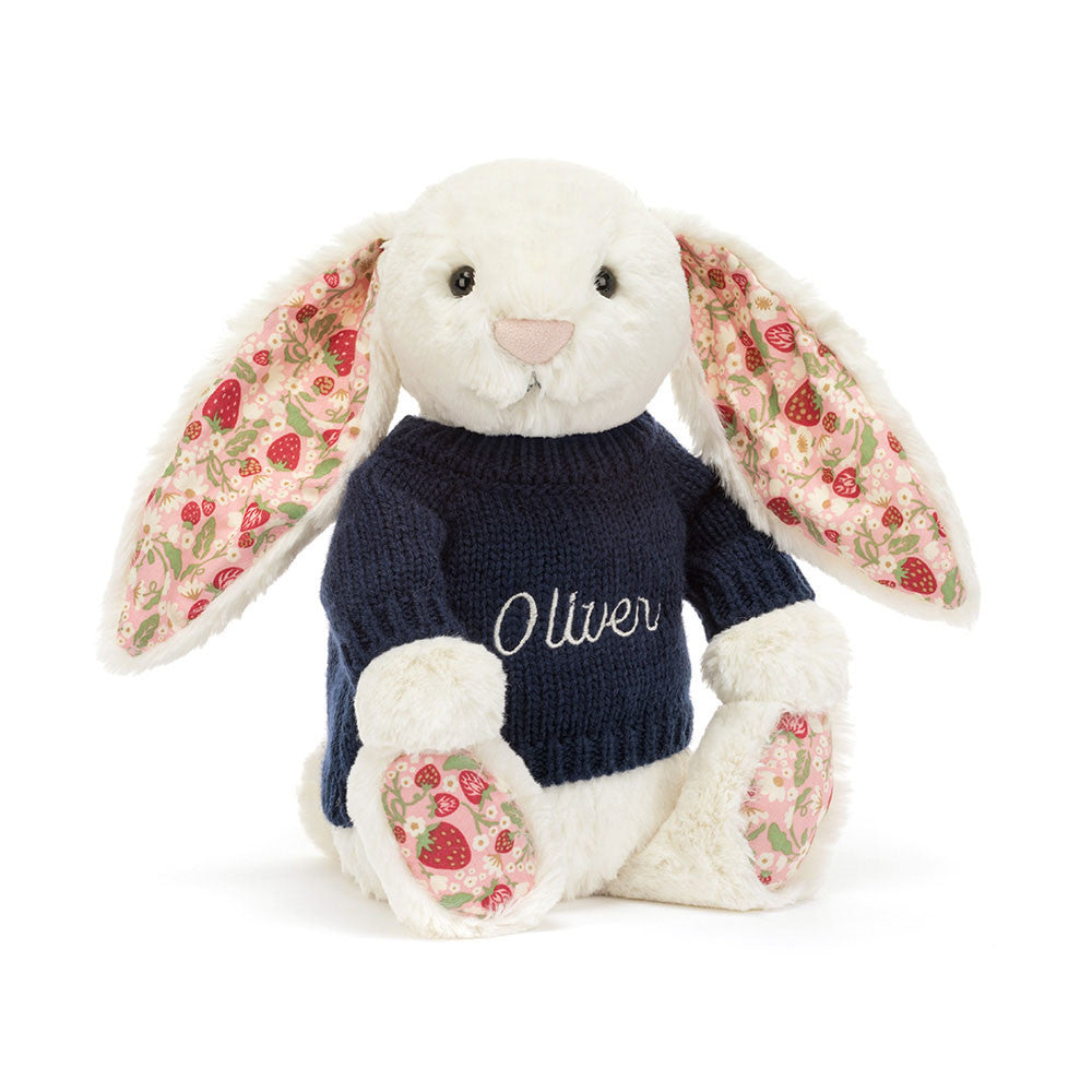 Blossom Cream Bunny 'Berry' with Personalized Navy Jumper - Jellycat Online