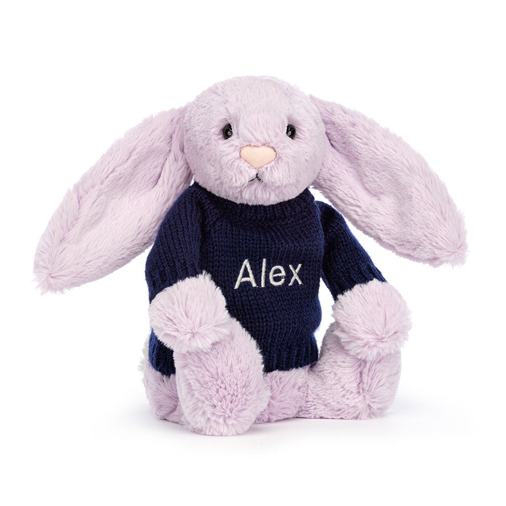 Bashful Lilac Bunny with Personalized Navy Jumper - Jellycat Online