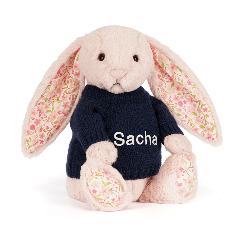 Blossom Blush Bunny 'Cherry' with Personalized Navy Jumper - Jellycat Online