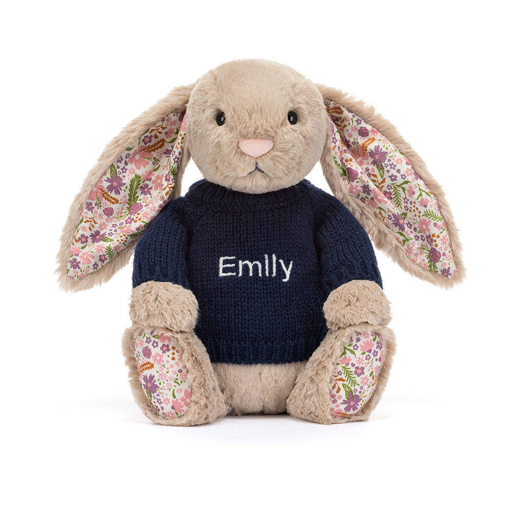 Blossom Beige Bunny 'Petal' with Personalized Navy Jumper - Jellycat Discount