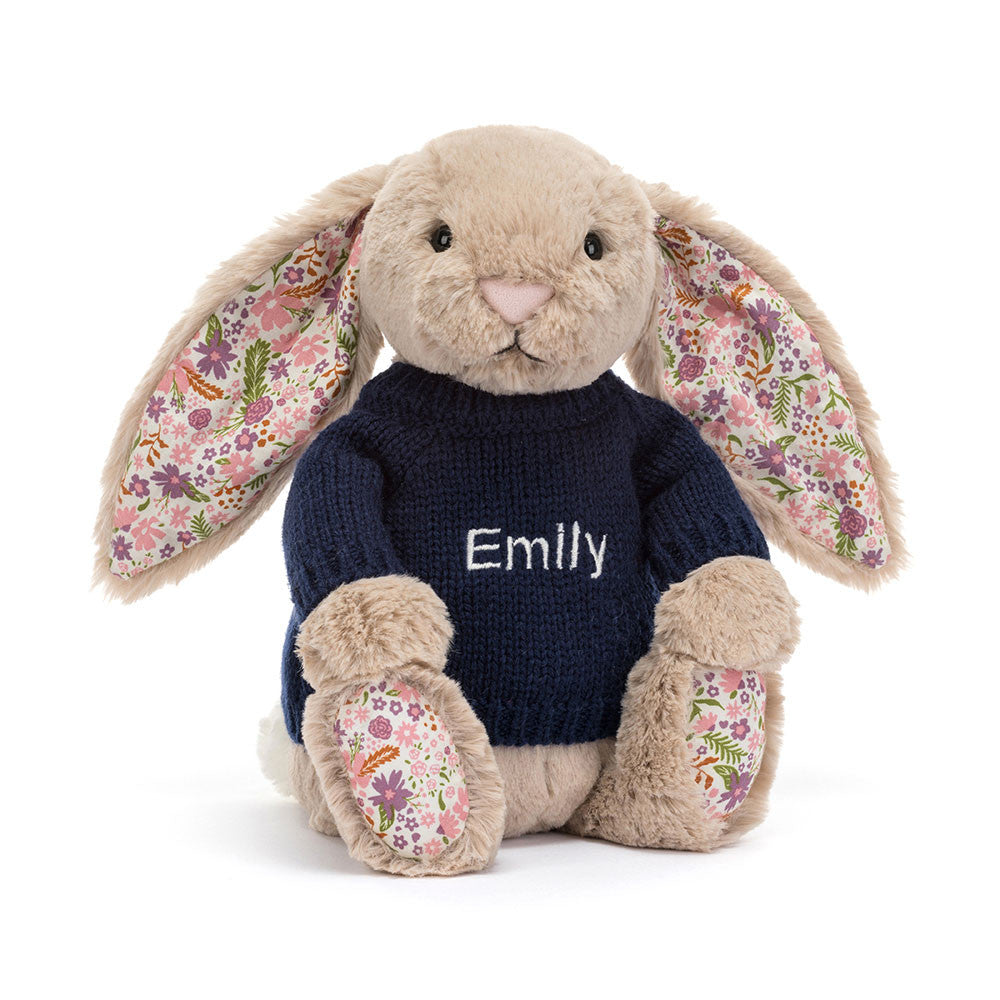 Blossom Beige Bunny 'Petal' with Personalized Navy Jumper - Jellycat Discount