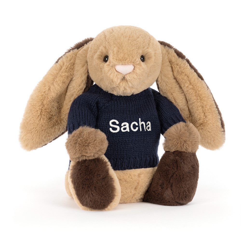 Bashful Patchwork Brown Bunny with Personalized Navy Jumper - Jellycat