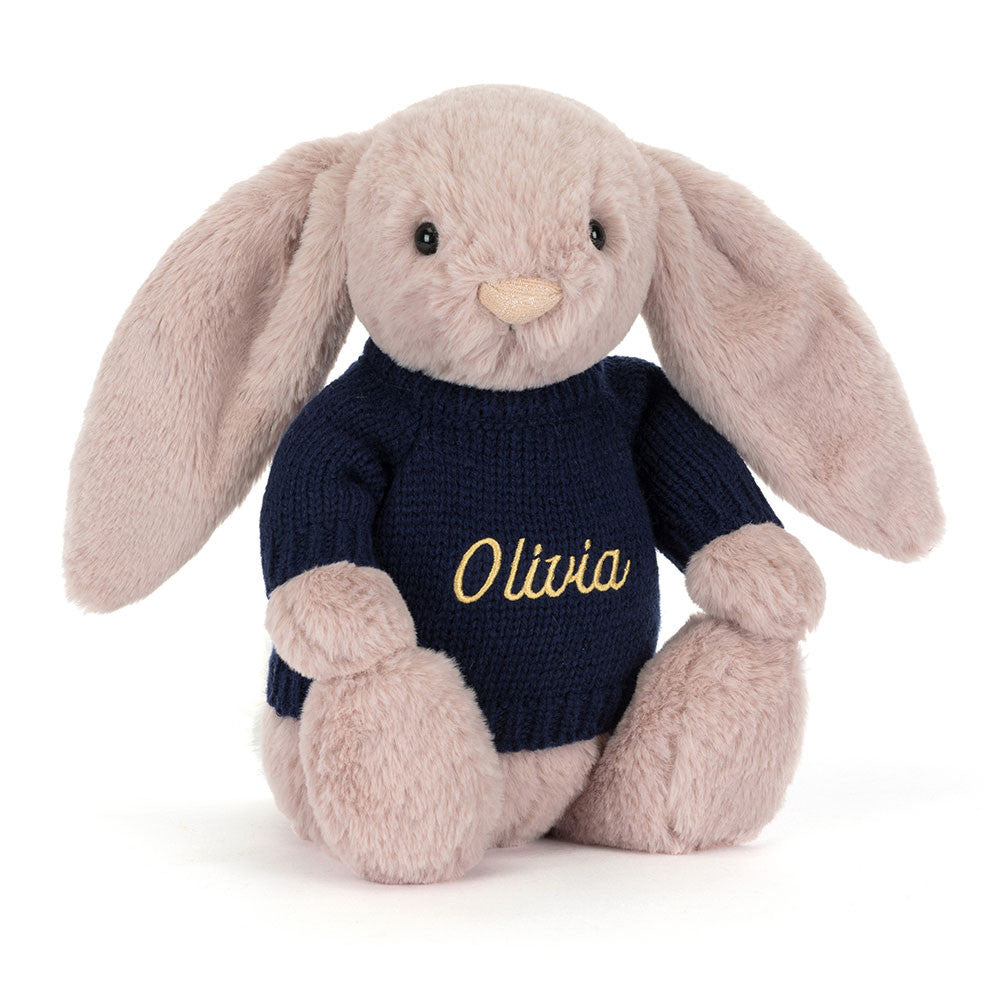 Bashful Luxe Bunny Rosa with Personalized Navy Jumper - Jellycat Online