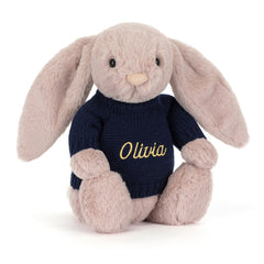 Bashful Luxe Bunny Rosa with Personalized Navy Jumper - Jellycat Online