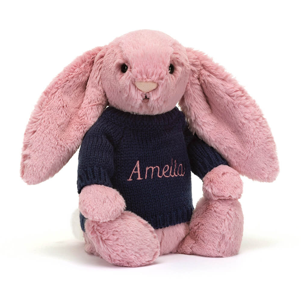 Bashful Tulip Pink Bunny with Personalized Navy Jumper - Jellycat For Sale