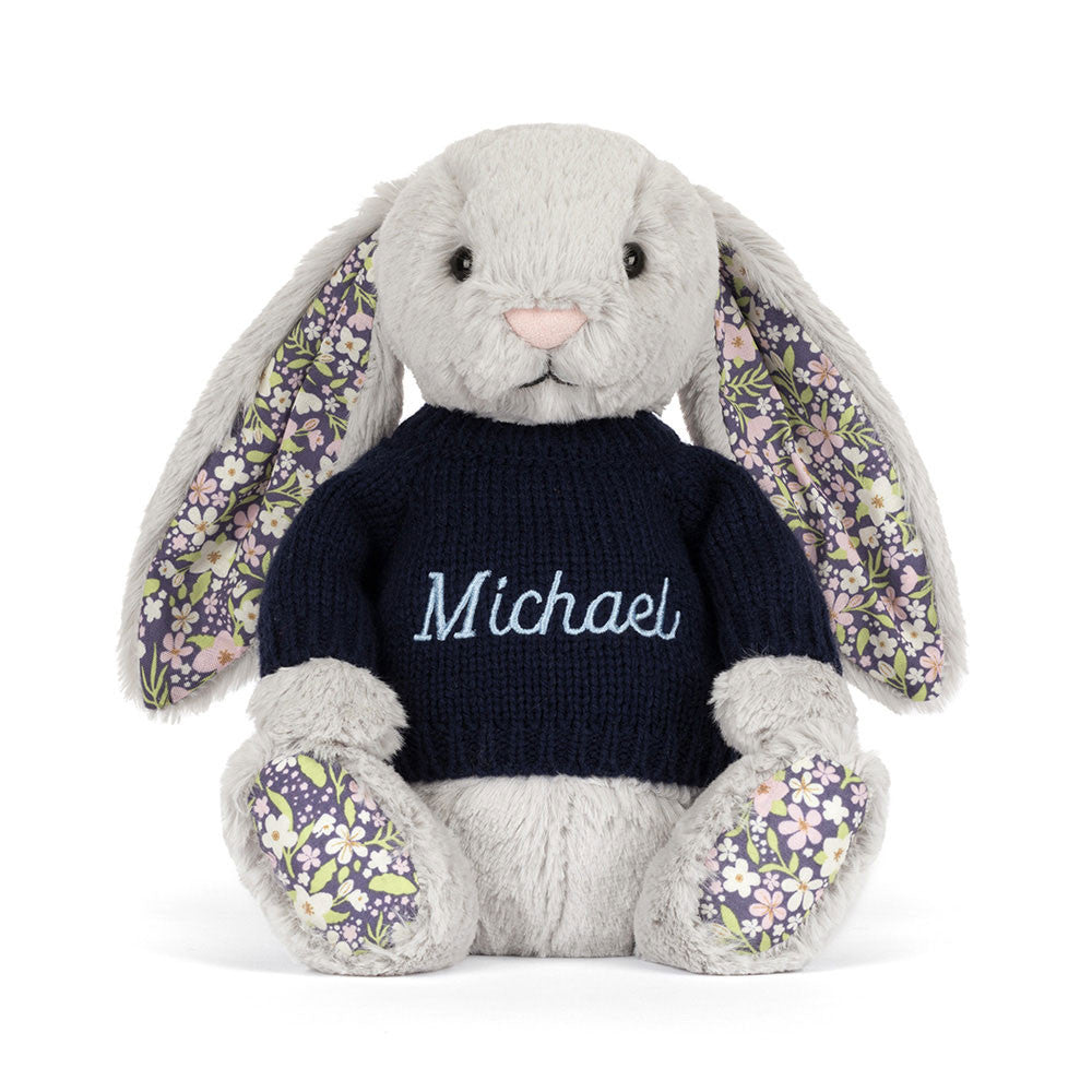 Blossom Silver Bunny 'Bloom' with Personalized Navy Jumper - Jellycat Online