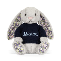 Blossom Silver Bunny 'Bloom' with Personalized Navy Jumper - Jellycat Online