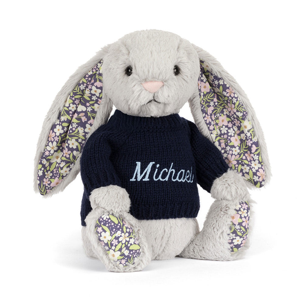 Blossom Silver Bunny 'Bloom' with Personalized Navy Jumper - Jellycat Online