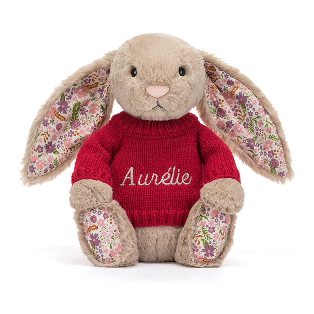 Blossom Beige Bunny 'Petal' with Personalized Red Jumper - Jellycat For Sale